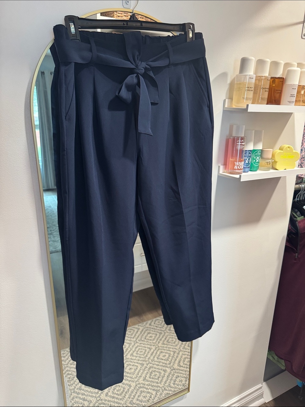 LOFT Women’s Navy High Rise Tapered Leg Trousers with Tie Belt Large